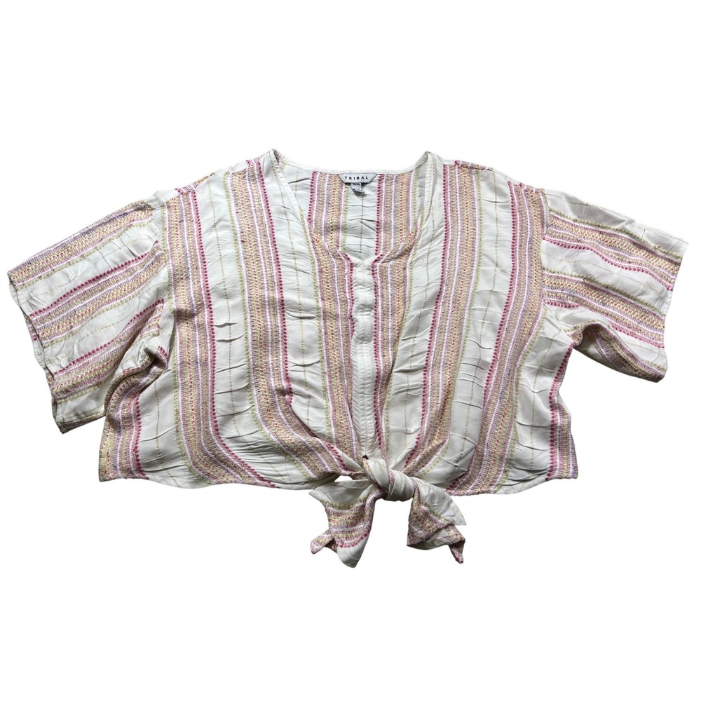 Tribal Women's XL Metallic Striped Tie Front Blouse White Pink Lime Boho